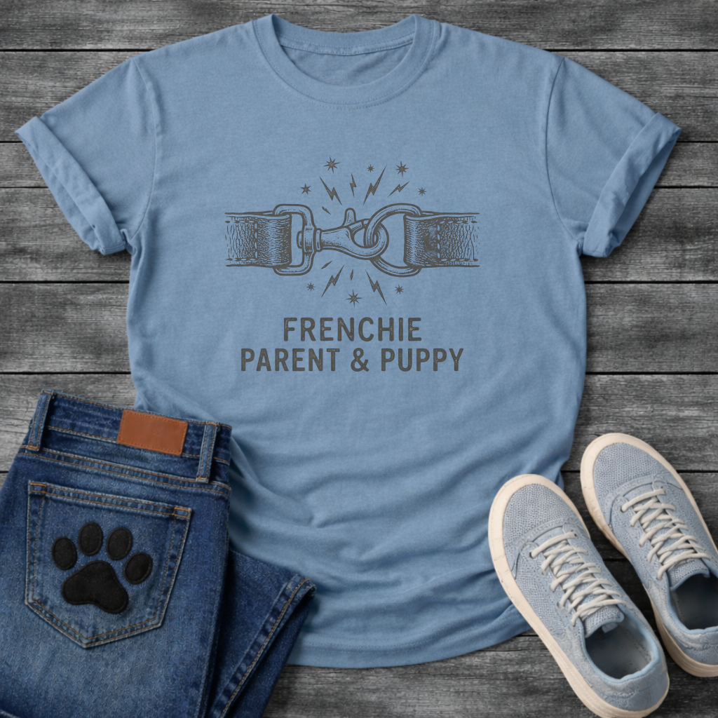 Frenchie Parent and Puppy linked collar graphic funny dog shirt unisex tee