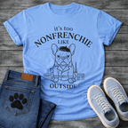 French Bulldog in beret and trench coat with Paris skyline It's Too Non-Frenchie Like Outside typography graphic tee
