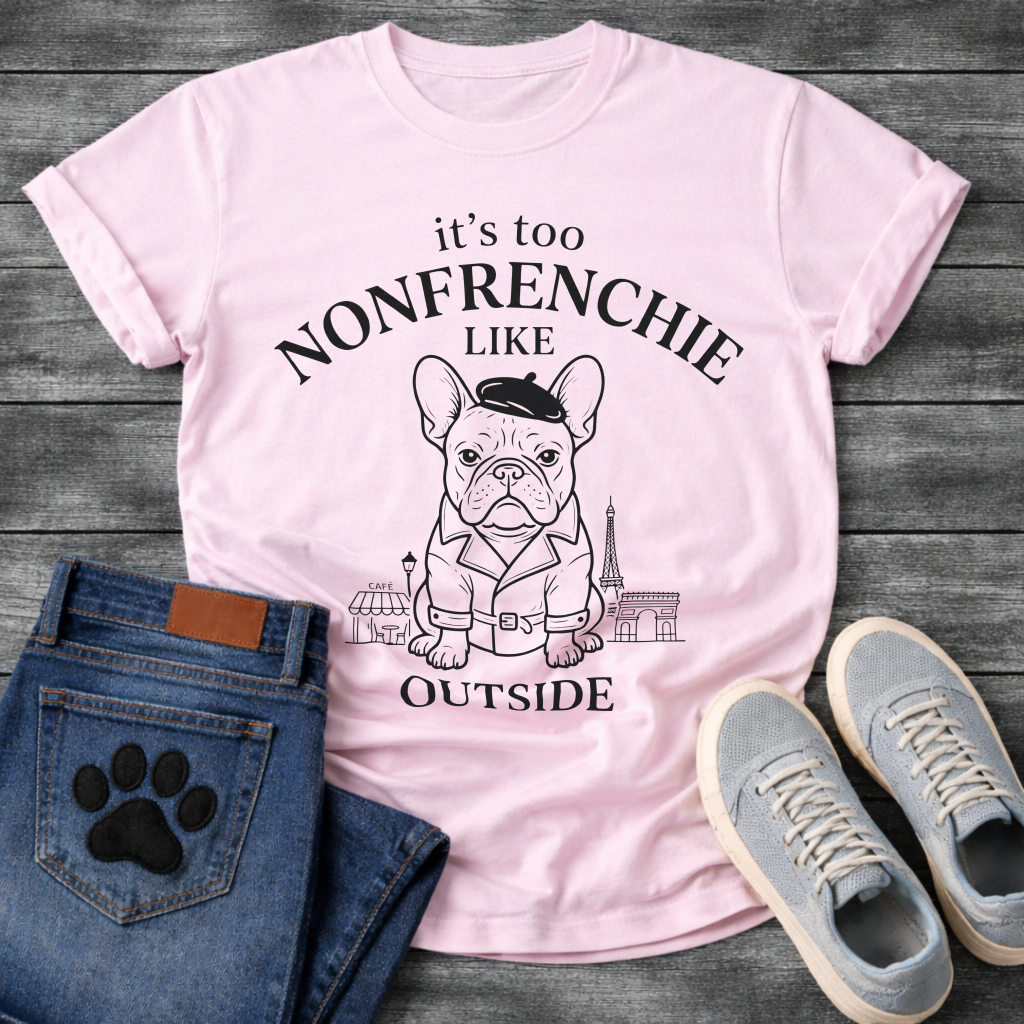 French Bulldog in beret and trench coat with Paris skyline It's Too Non-Frenchie Like Outside typography graphic tee
