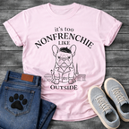 French Bulldog in beret and trench coat with Paris skyline It's Too Non-Frenchie Like Outside typography graphic tee
