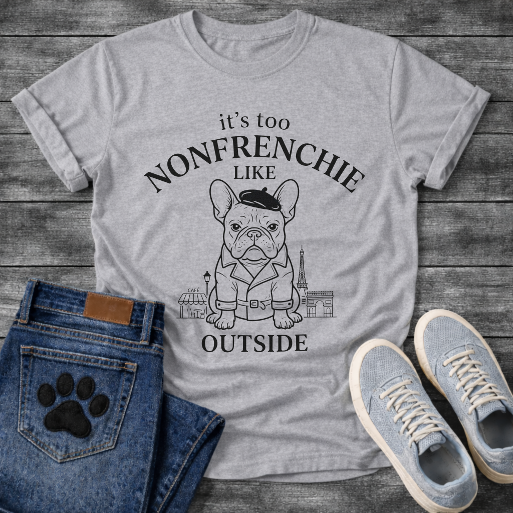 French Bulldog in beret and trench coat with Paris skyline It's Too Non-Frenchie Like Outside typography graphic tee
