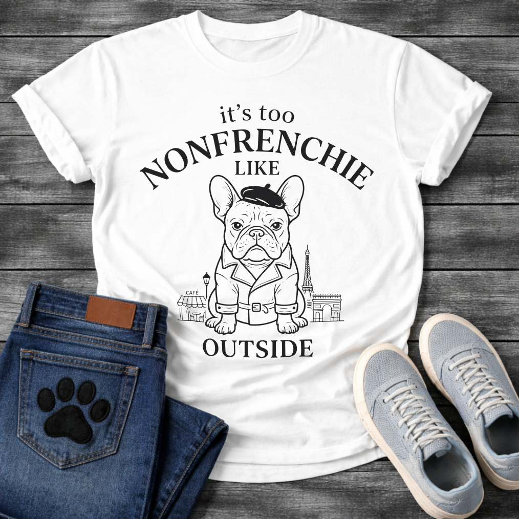 French Bulldog in beret and trench coat with Paris skyline It's Too Non-Frenchie Like Outside typography graphic tee
