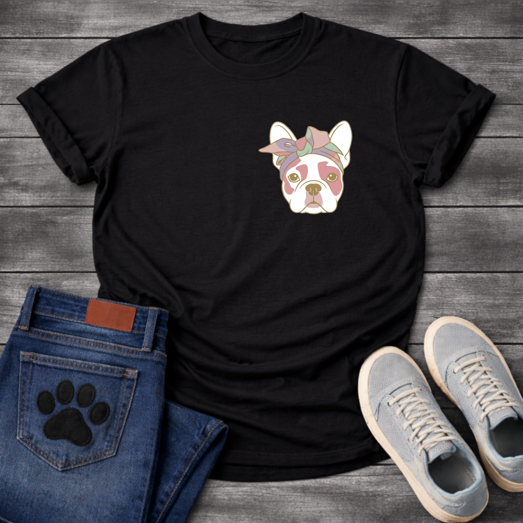 French Bulldog portrait with pastel bow headband line art pocket graphic tee

