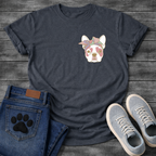 French Bulldog portrait with pastel bow headband line art pocket graphic tee

