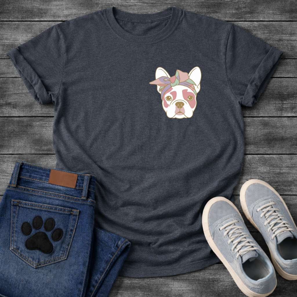 French Bulldog portrait with pastel bow headband line art pocket graphic tee

