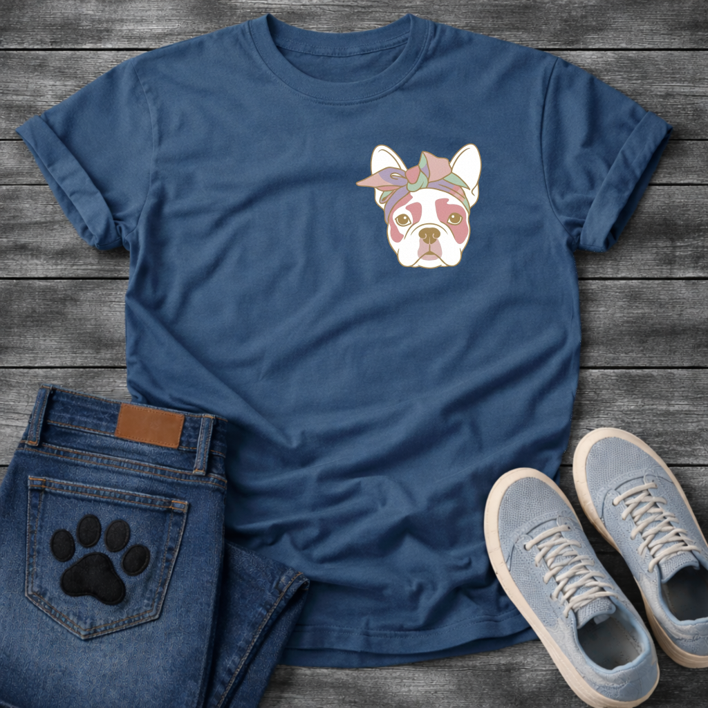 French Bulldog portrait with pastel bow headband line art pocket graphic tee

