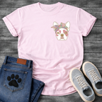 French Bulldog portrait with pastel bow headband line art pocket graphic tee

