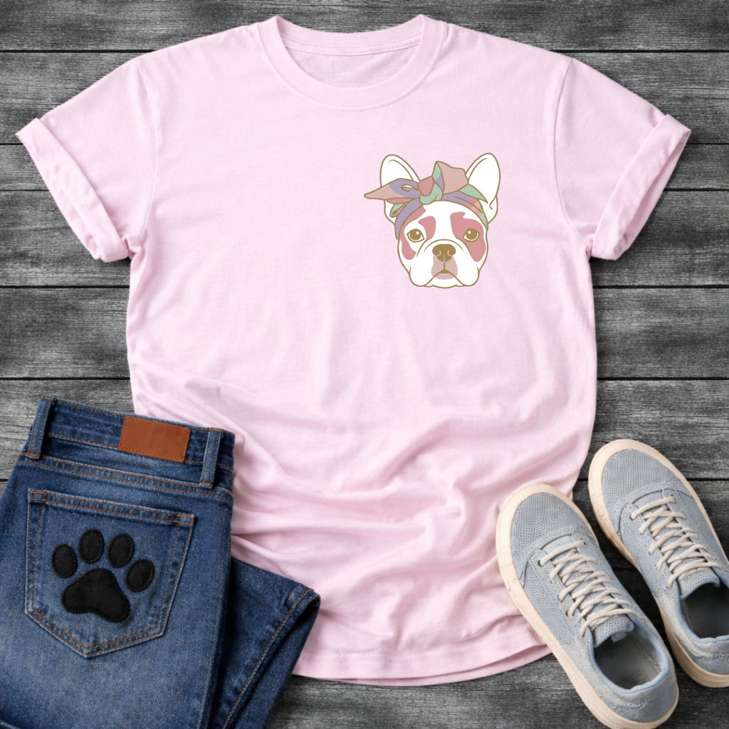 French Bulldog portrait with pastel bow headband line art pocket graphic tee

