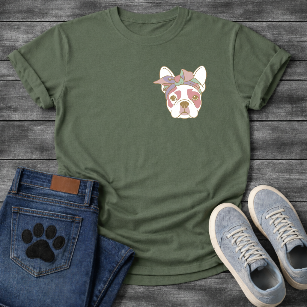 French Bulldog portrait with pastel bow headband line art pocket graphic tee

