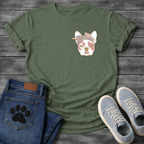 French Bulldog portrait with pastel bow headband line art pocket graphic tee

