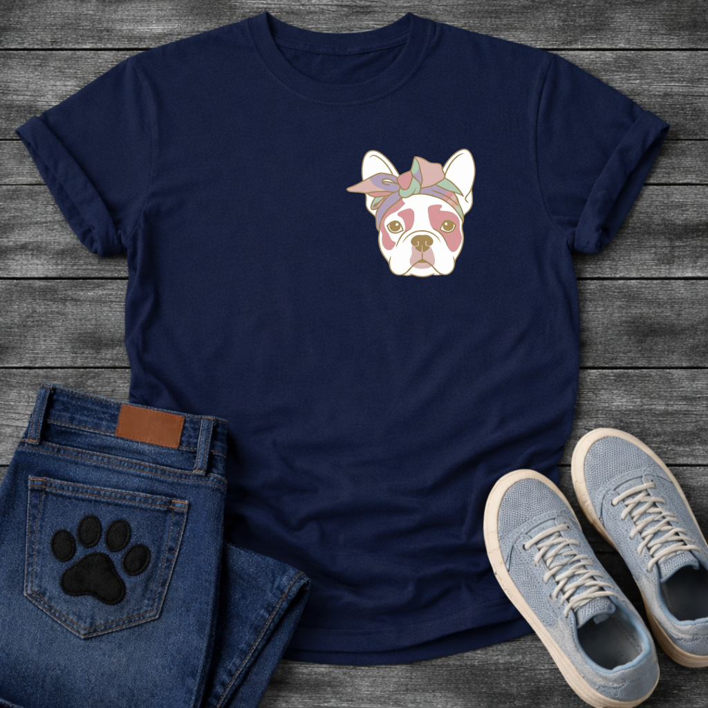 French Bulldog portrait with pastel bow headband line art pocket graphic tee

