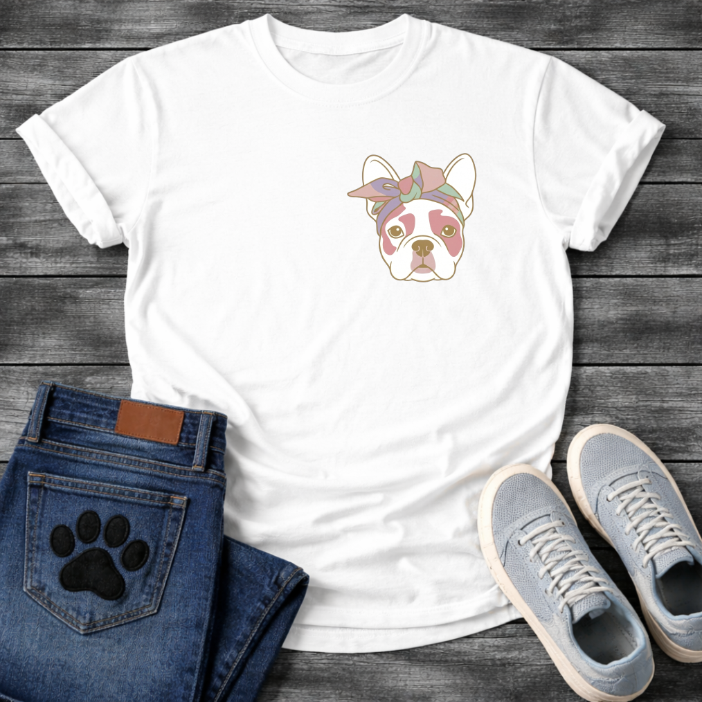 French Bulldog portrait with pastel bow headband line art pocket graphic tee

