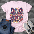 French Bulldog wearing American flag sunglasses with flag splash background patriotic graphic tee