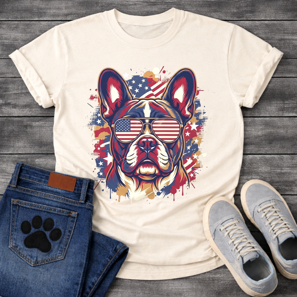 French Bulldog wearing American flag sunglasses with flag splash background patriotic graphic tee