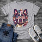 French Bulldog wearing American flag sunglasses with flag splash background patriotic graphic tee