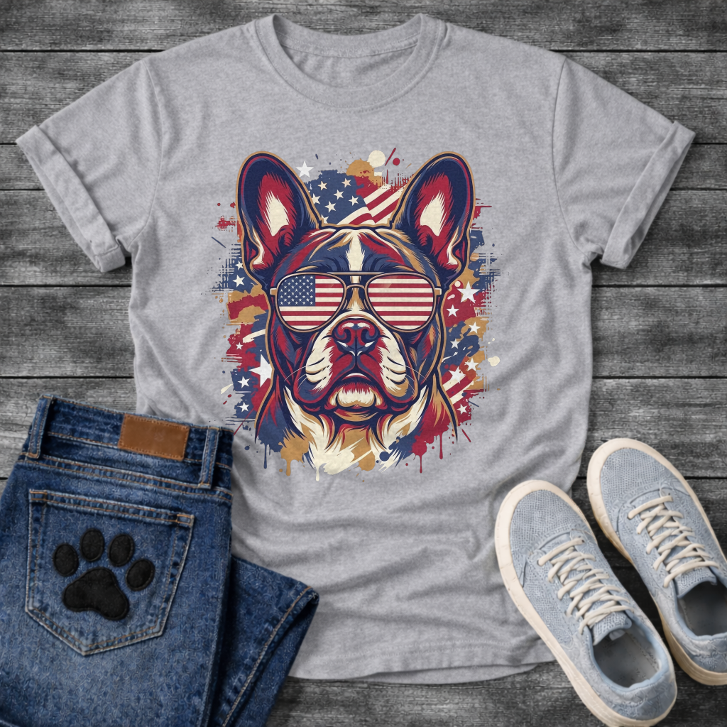 French Bulldog wearing American flag sunglasses with flag splash background patriotic graphic tee