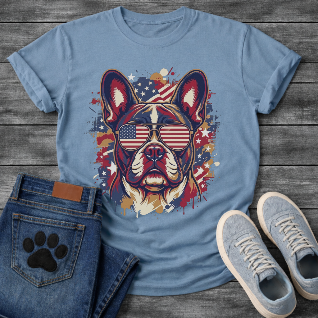 French Bulldog wearing American flag sunglasses with flag splash background patriotic graphic tee