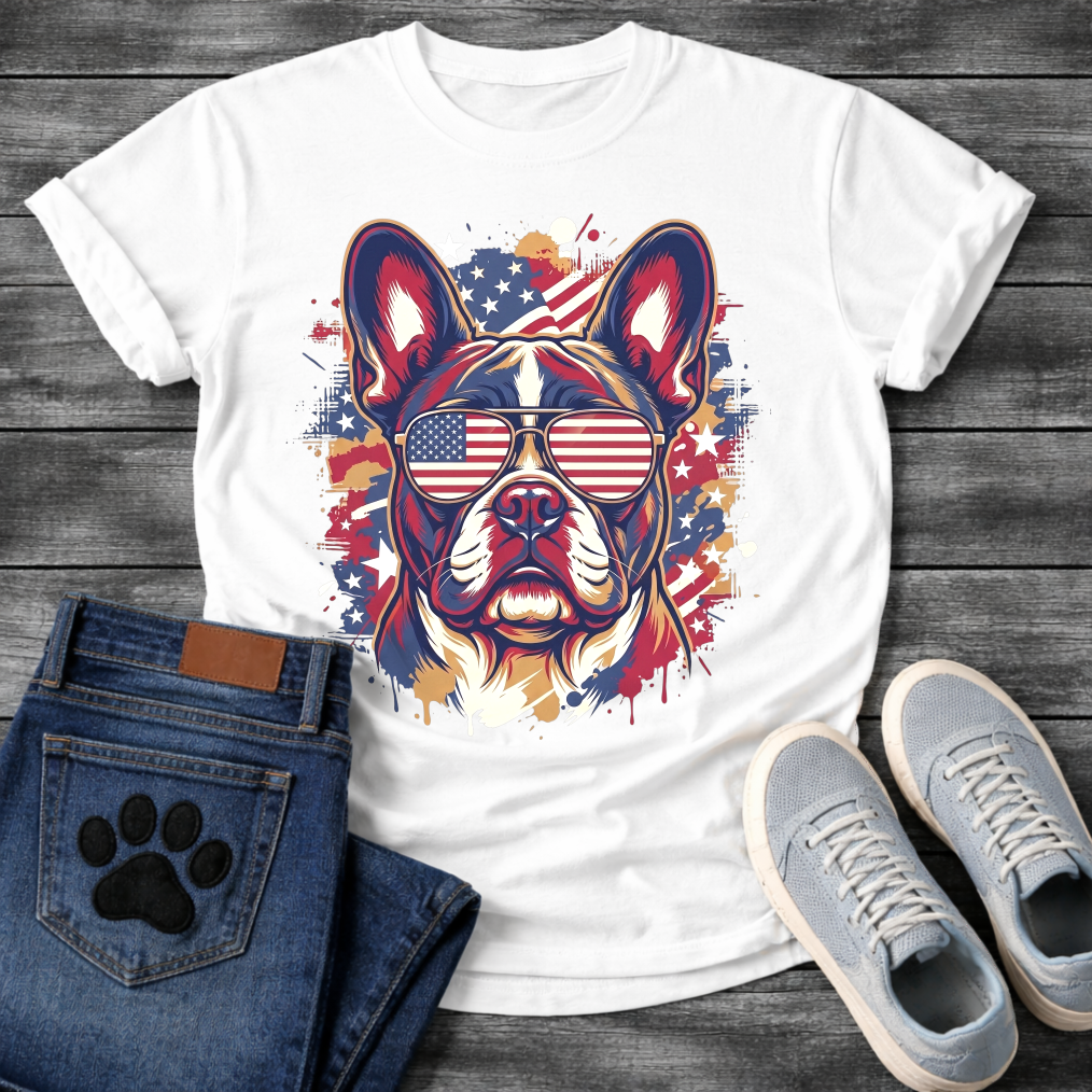 French Bulldog wearing American flag sunglasses with flag splash background patriotic graphic tee