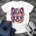 French Bulldog wearing American flag sunglasses with flag splash background patriotic graphic tee