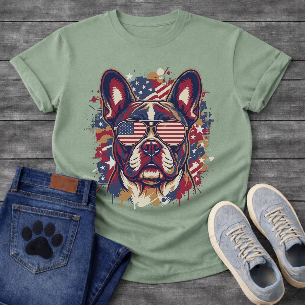 French Bulldog wearing American flag sunglasses with flag splash background patriotic graphic tee