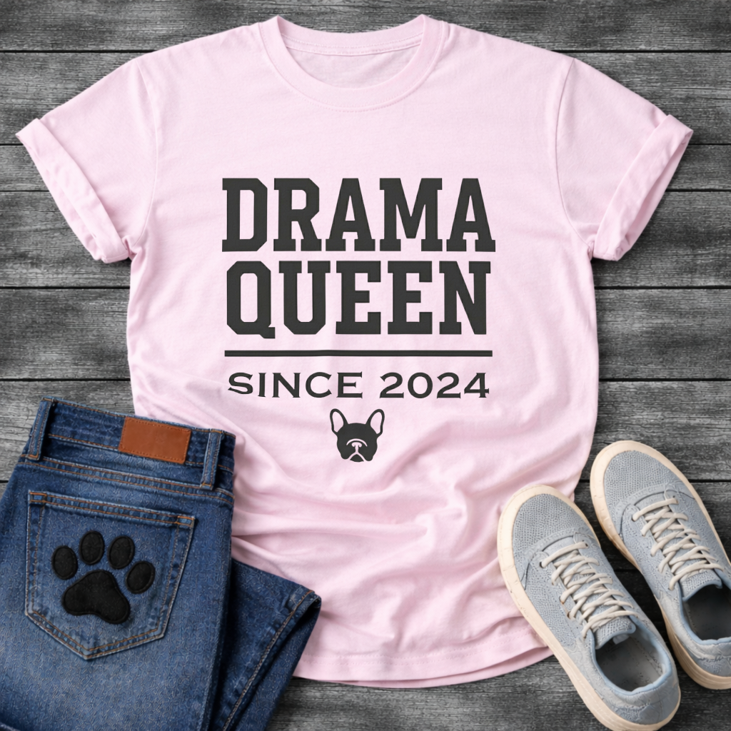 Drama Queen Since 2024 French Bulldog graphic t-shirt black text on sand
