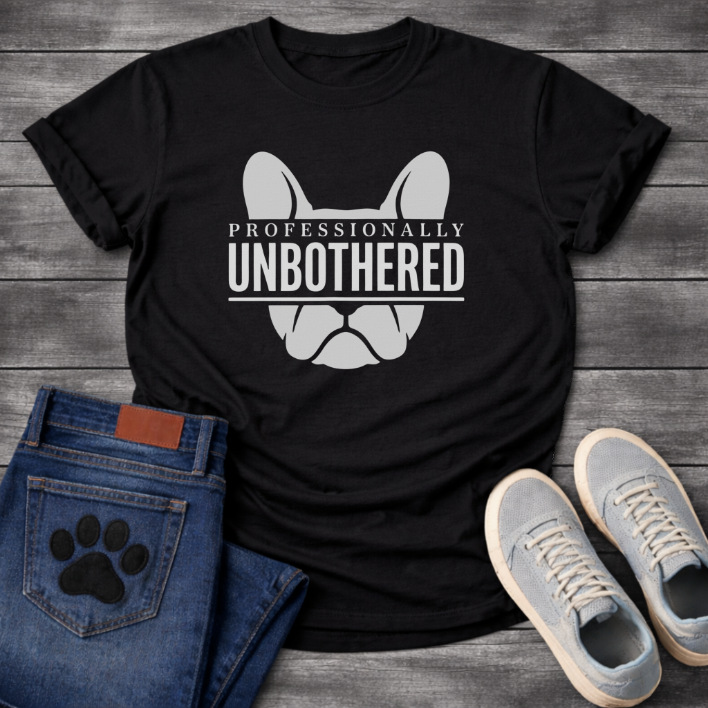 Professionally Unbothered French Bulldog graphic t-shirt white text on black