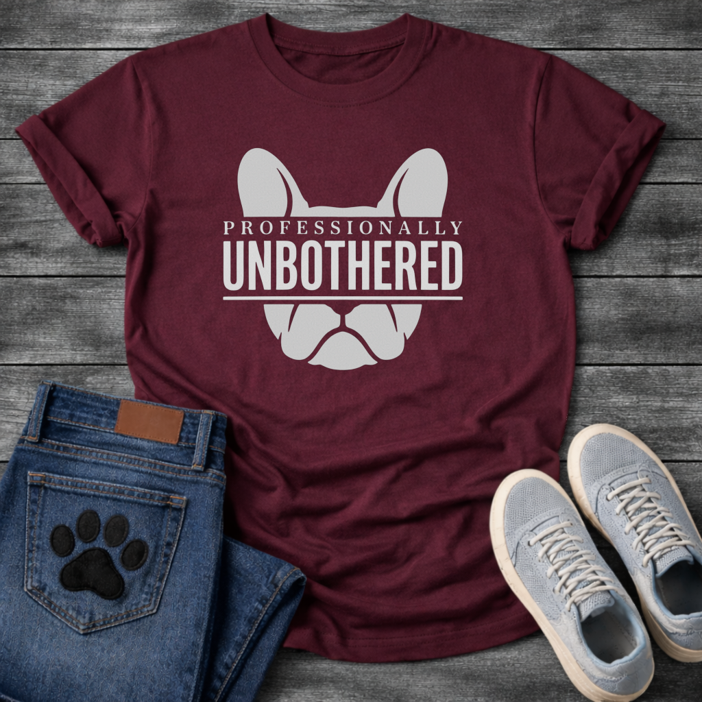 Professionally Unbothered French Bulldog graphic t-shirt white text on black