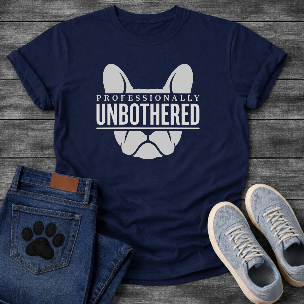 Professionally Unbothered French Bulldog graphic t-shirt white text on black