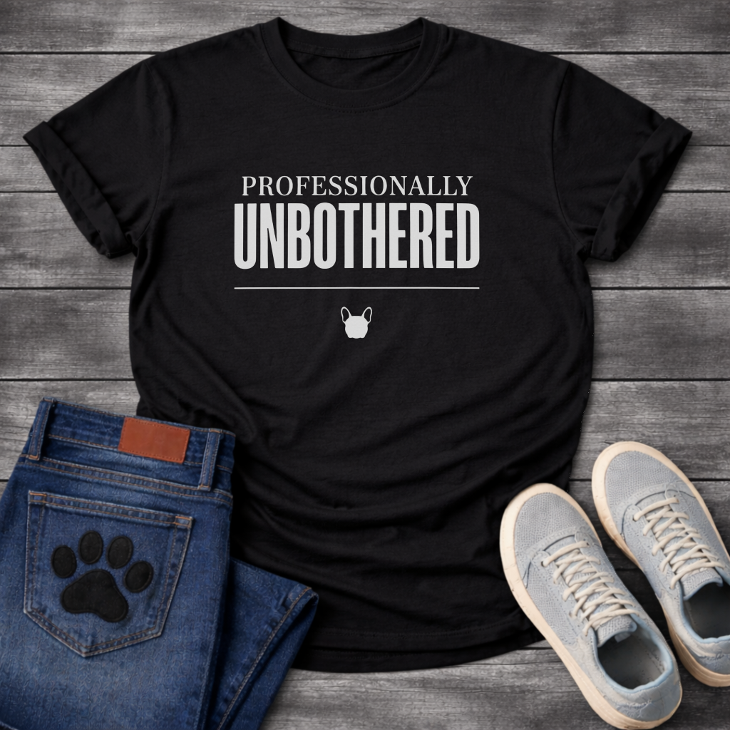 Professionally Unbothered French Bulldog graphic t-shirt white text on black