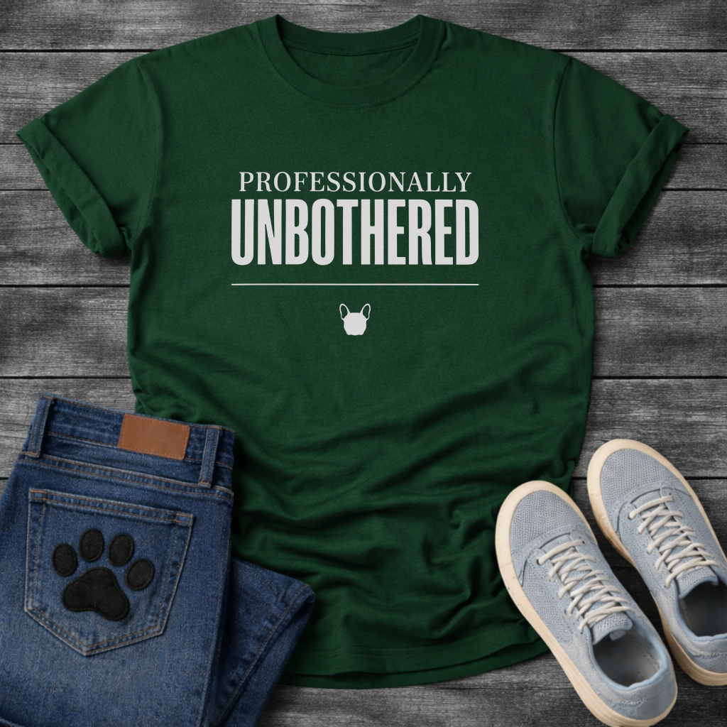 Professionally Unbothered French Bulldog graphic t-shirt white text on black