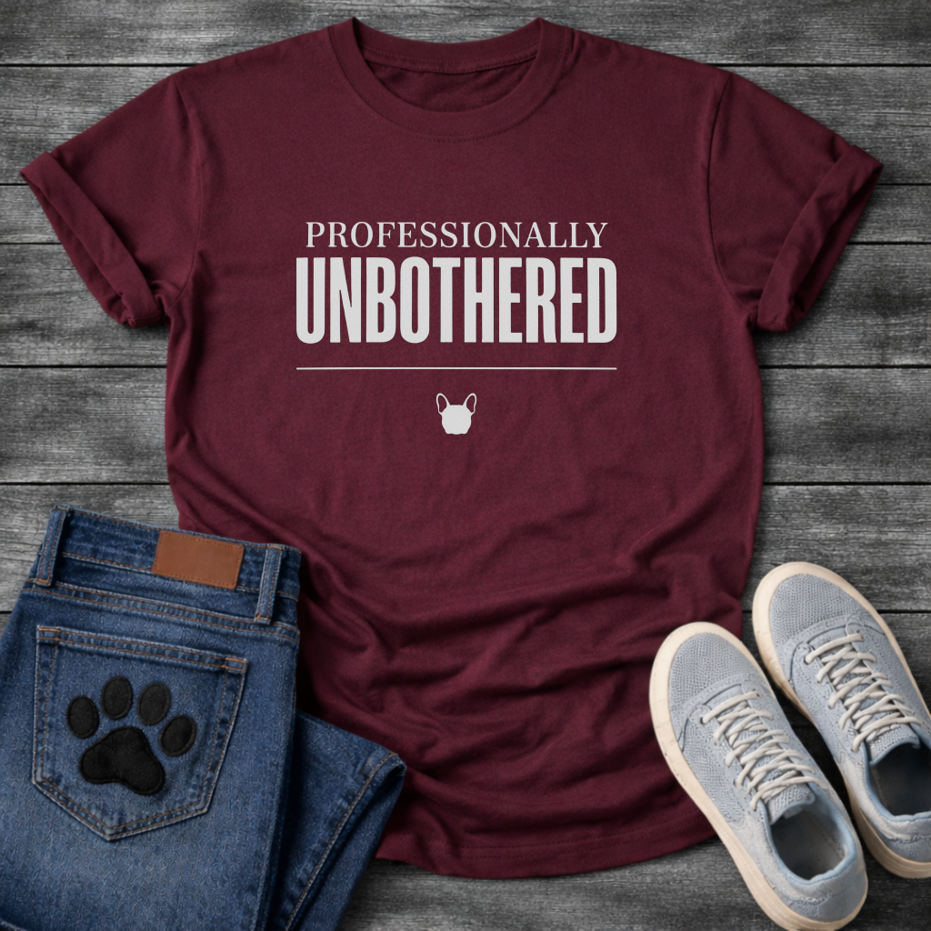Professionally Unbothered French Bulldog graphic t-shirt white text on black