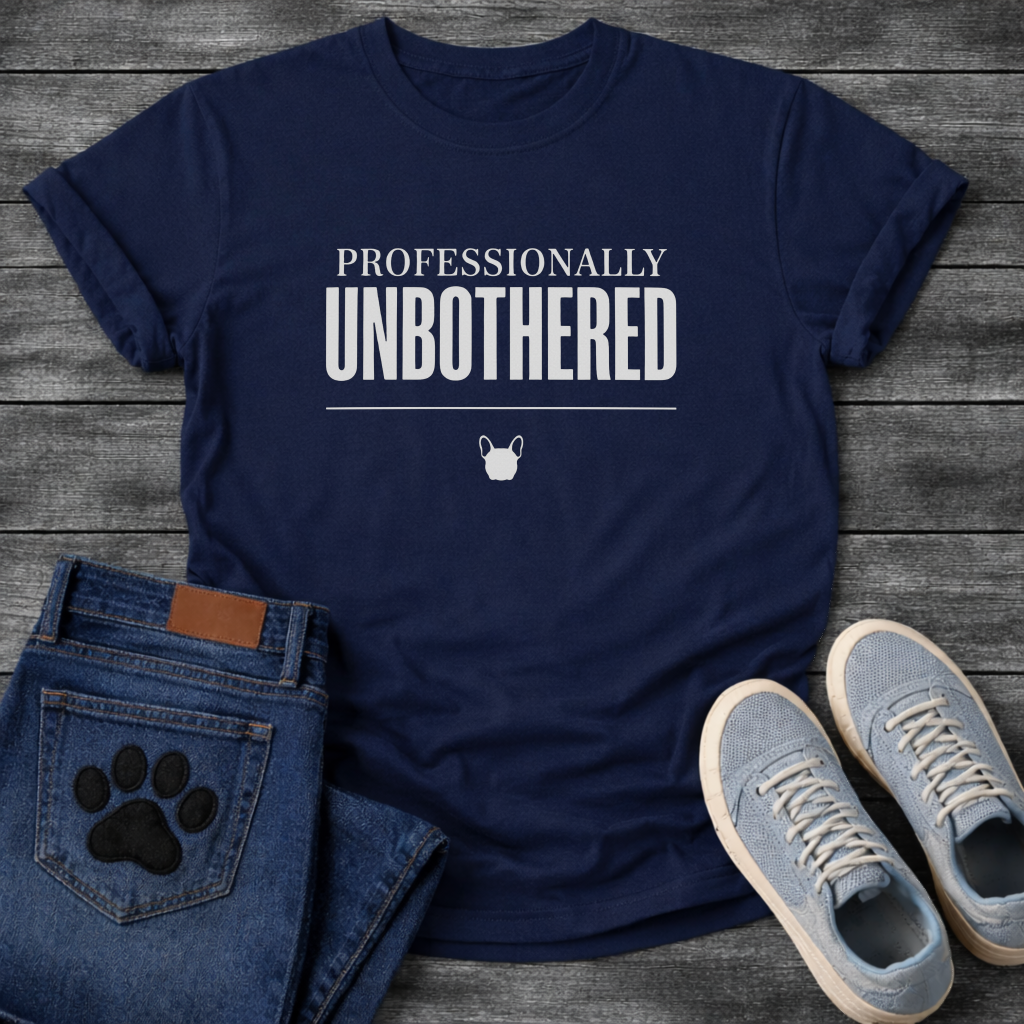 Professionally Unbothered French Bulldog graphic t-shirt white text on black
