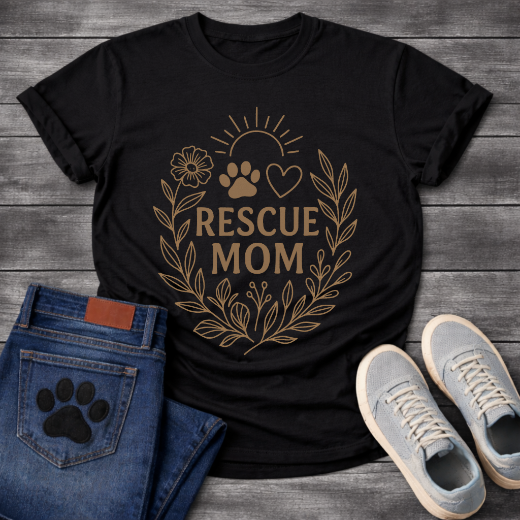Rescue mom shirt with floral paw print heart design for dog rescue parents
