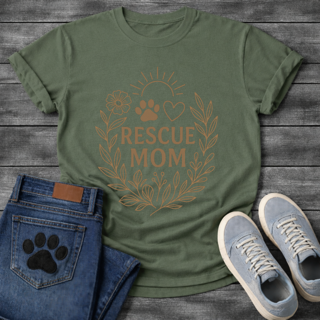 Rescue mom shirt with floral paw print heart design for dog rescue parents
