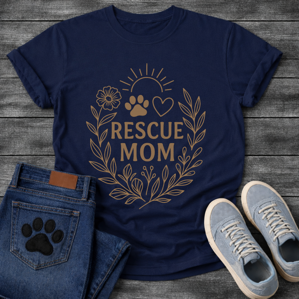 Rescue mom shirt with floral paw print heart design for dog rescue parents
