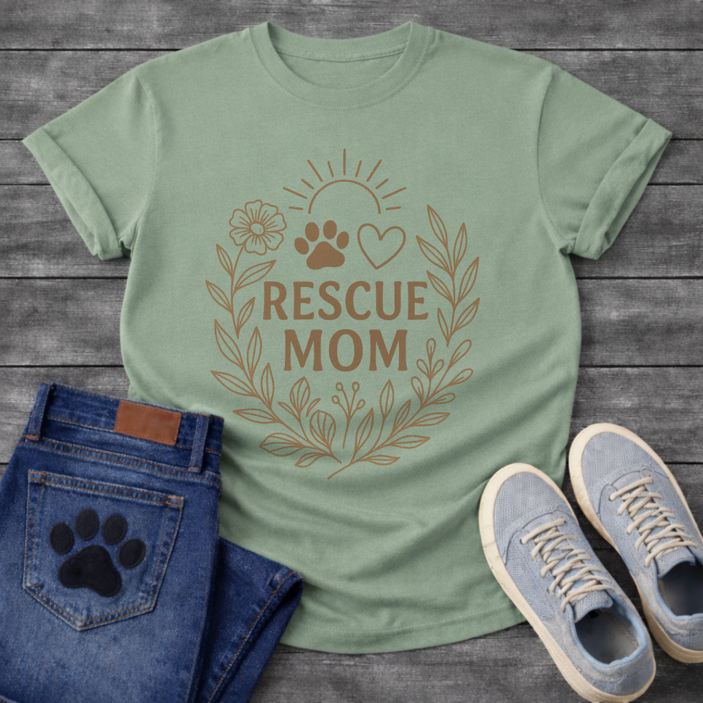 Rescue mom shirt with floral paw print heart design for dog rescue parents
