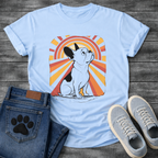 French Bulldog retro sunburst graphic tee with warm orange and red rays 