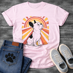 French Bulldog retro sunburst graphic tee with warm orange and red rays 