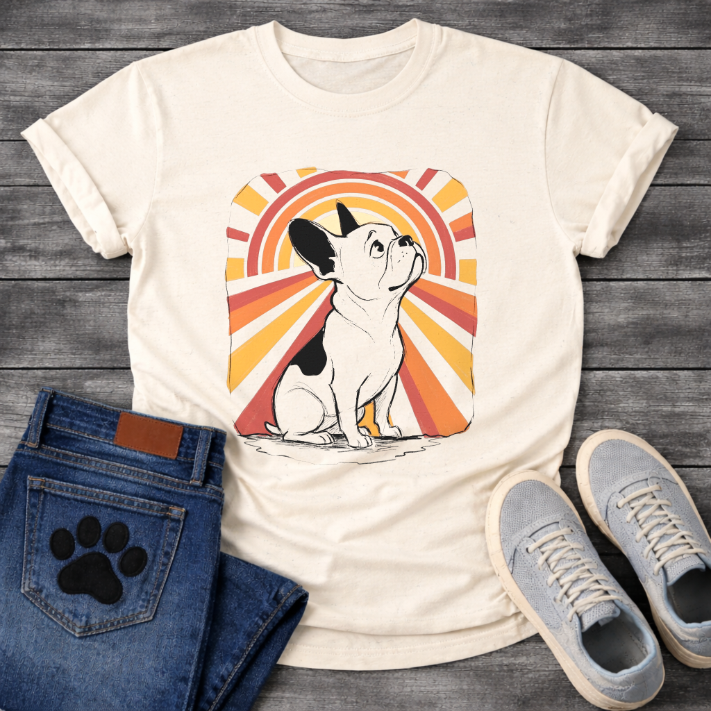 French Bulldog retro sunburst graphic tee with warm orange and red rays 