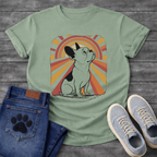 French Bulldog retro sunburst graphic tee with warm orange and red rays 