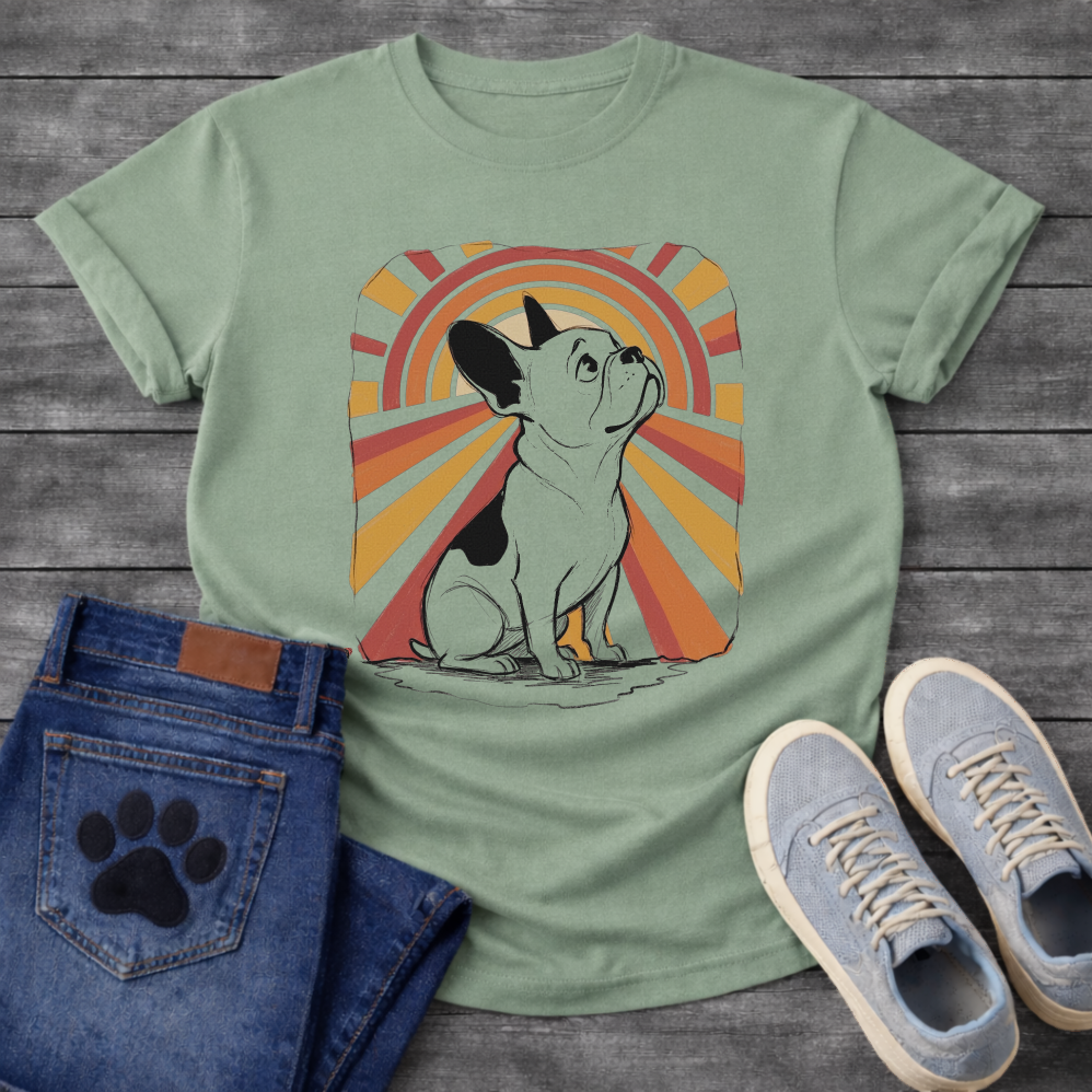 French Bulldog retro sunburst graphic tee with warm orange and red rays 