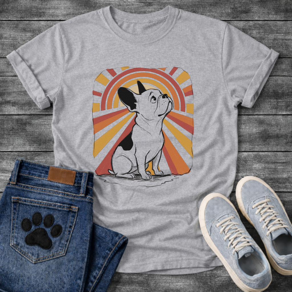 French Bulldog retro sunburst graphic tee with warm orange and red rays