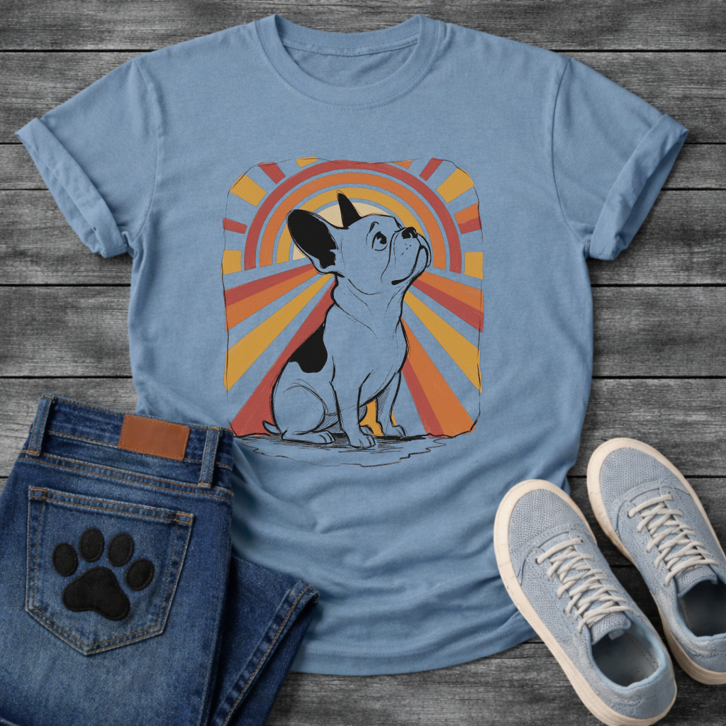 French Bulldog retro sunburst graphic tee with warm orange and red rays 