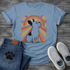 French Bulldog retro sunburst graphic tee with warm orange and red rays 