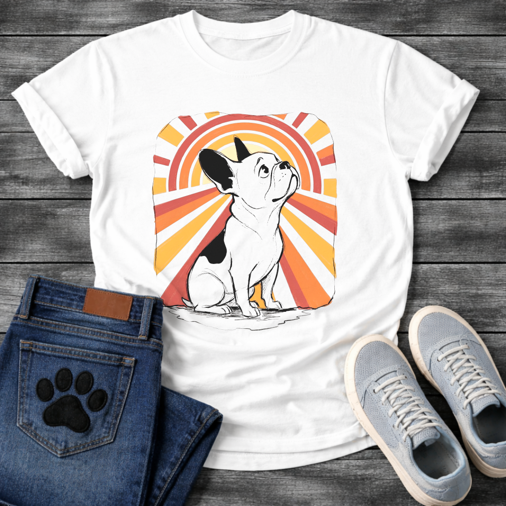 French Bulldog retro sunburst graphic tee with warm orange and red rays on a white unisex t-shirt
