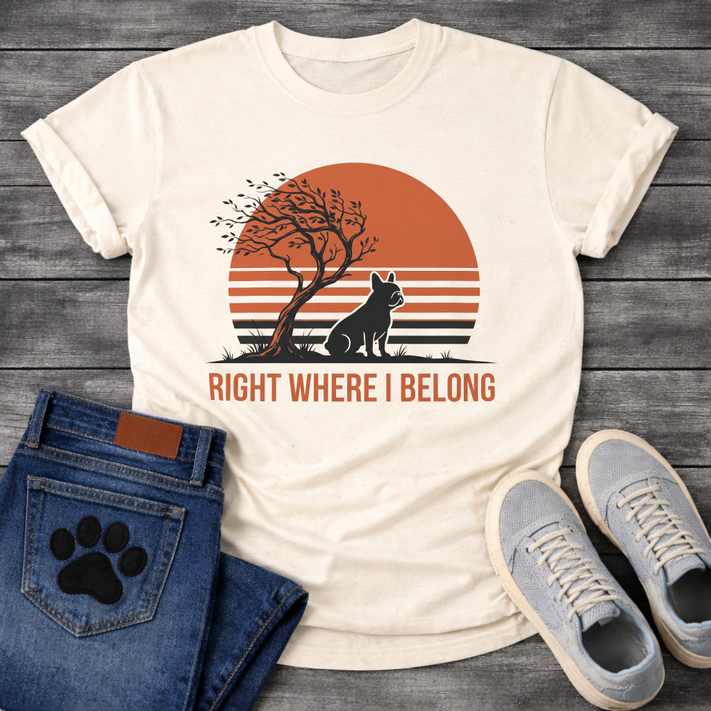 French Bulldog t-shirt with retro striped sunset scene, Frenchie silhouette sitting beside a windswept tree against a large terracotta sun, bold text below reading Right Where I Belong, two-color vintage landscape illustration

