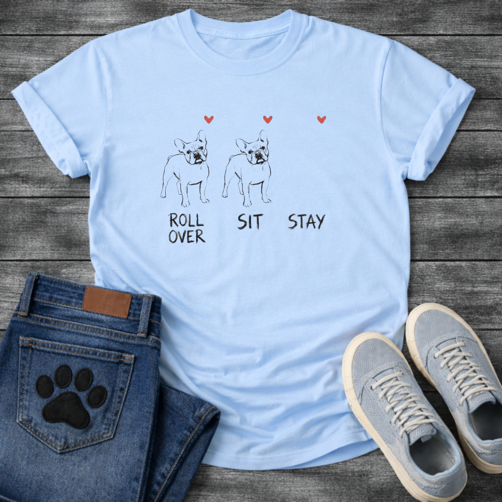 French Bulldog sketch illustration trio with Roll Over Sit Stay commands and red hearts graphic tee

