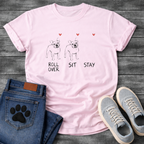 French Bulldog sketch illustration trio with Roll Over Sit Stay commands and red hearts graphic tee


