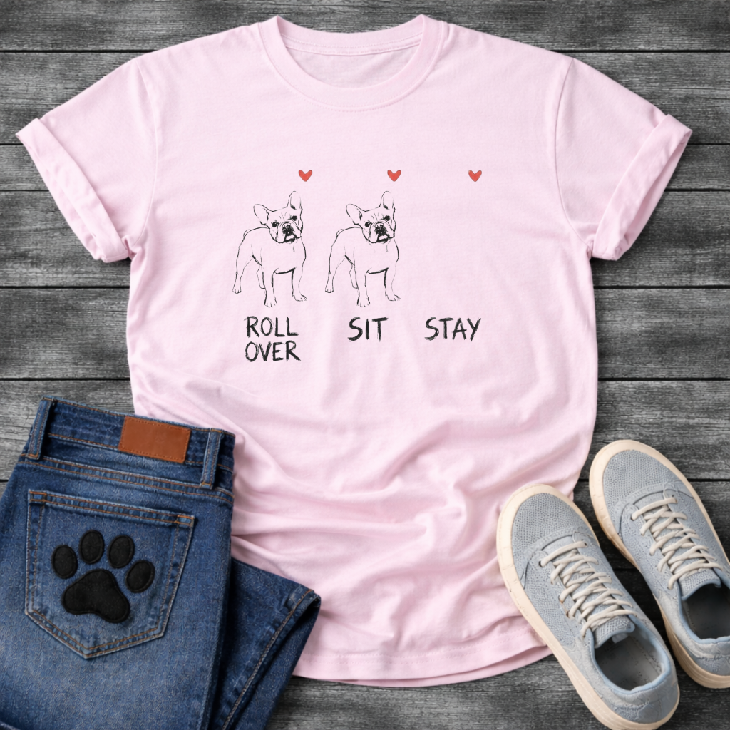 French Bulldog sketch illustration trio with Roll Over Sit Stay commands and red hearts graphic tee

