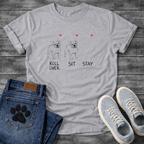 French Bulldog sketch illustration trio with Roll Over Sit Stay commands and red hearts graphic tee

